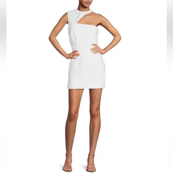 Ronny Kobo Medium Optic White Lunella Mini Sheath Dress Asymmetrical Neck $448 - Picture 2 of 15